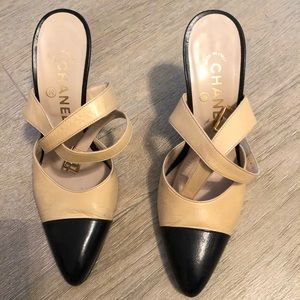 Classic cream and black Chanel ankle wrap heels